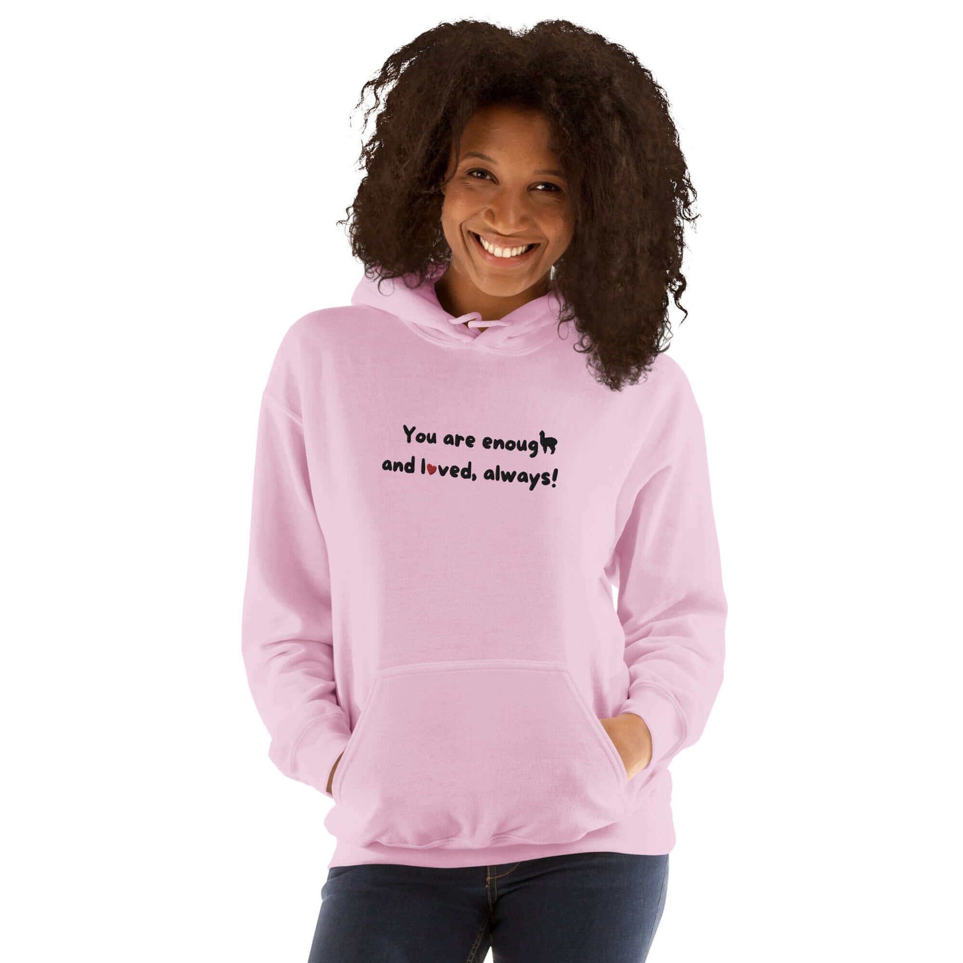 Alpaka Hoodie mit inspirierender Botschaft 'You are enough and loved, always' - Greta Emoji und Herz-Symbol