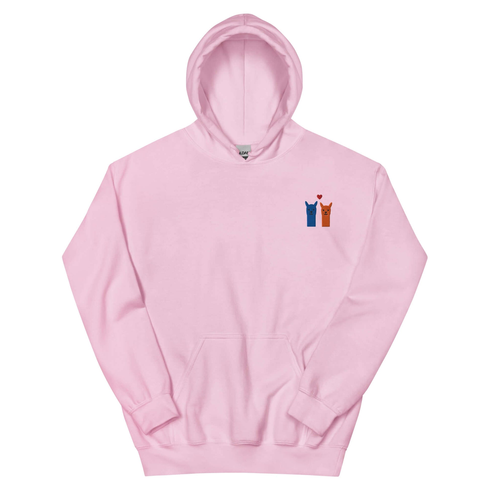 Niedlicher rosa Alpaka Hoodie mit besticktem Herz und zwei Alpakas in Emoji-Stil.