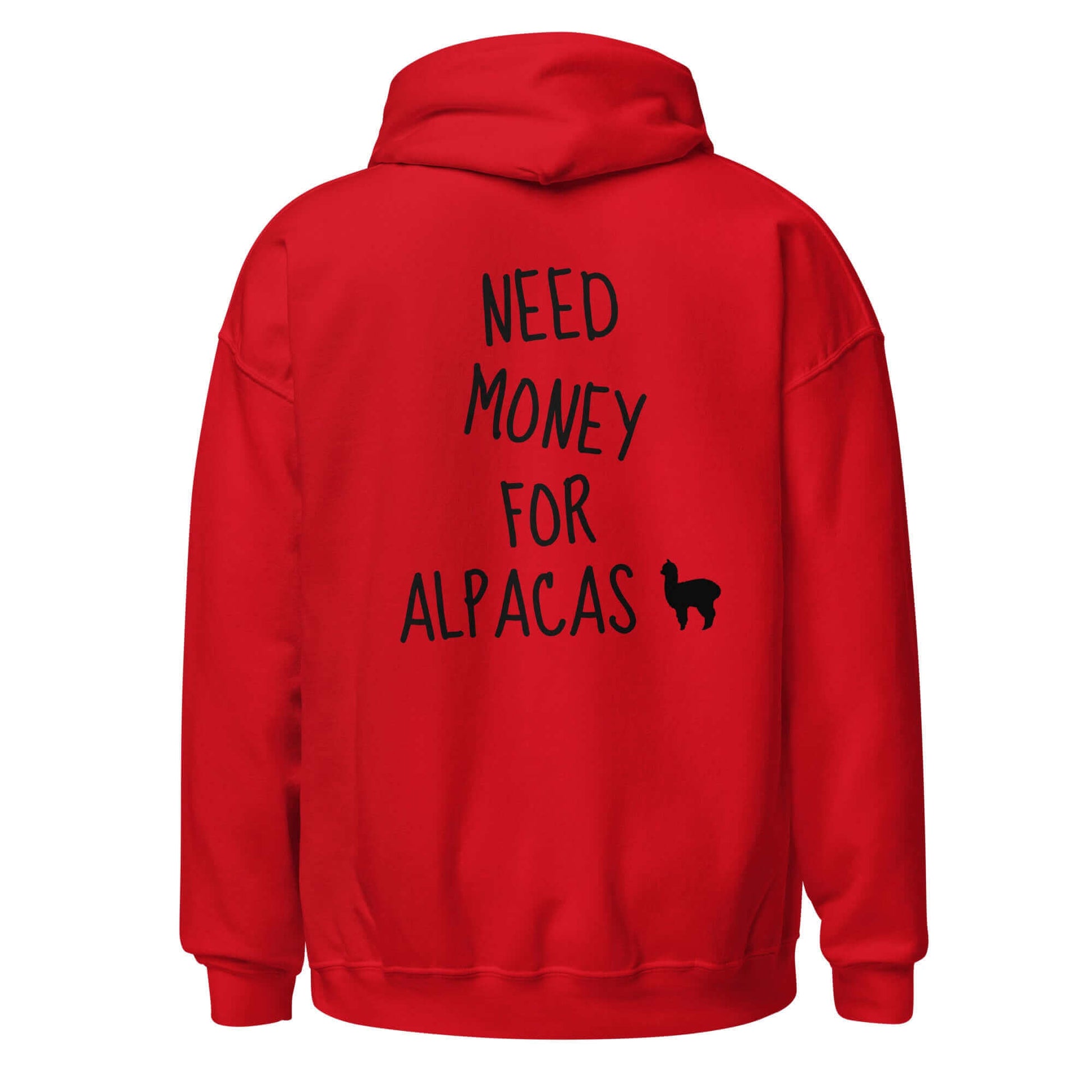 Roter Unisex Kapuzenpullover mit Spruch "Need money for alpacas" und Alpaka Design, ideal als Alpaka Geschenkidee und Bekleidung.