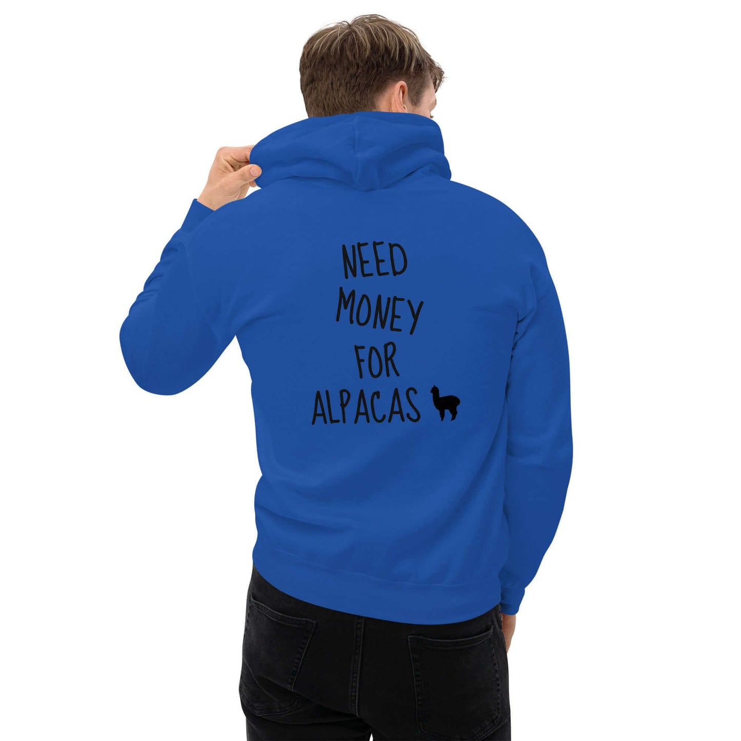 Unisex Kapuzenpullover “Need money for alpacas” in Blau – Alpaka Produkte kaufen, Alpaka Bekleidung Damen, Nachhaltiger Hoodie mit Alpaka Motiv