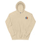 Beige unisex Hoodie mit Kapuze und besticktem Alpaka-Motiv sowie Herz-Emoji.