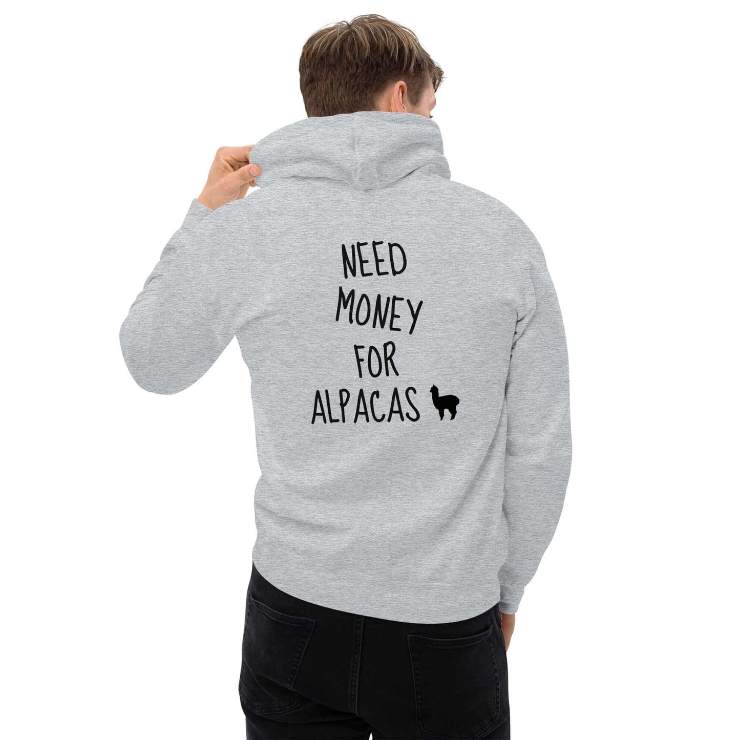 Unisex Hoodie mit Spruch "Need money for alpacas" in Grau, Modell von hinten, erhältlich im Alpaka Produkte Online Shop