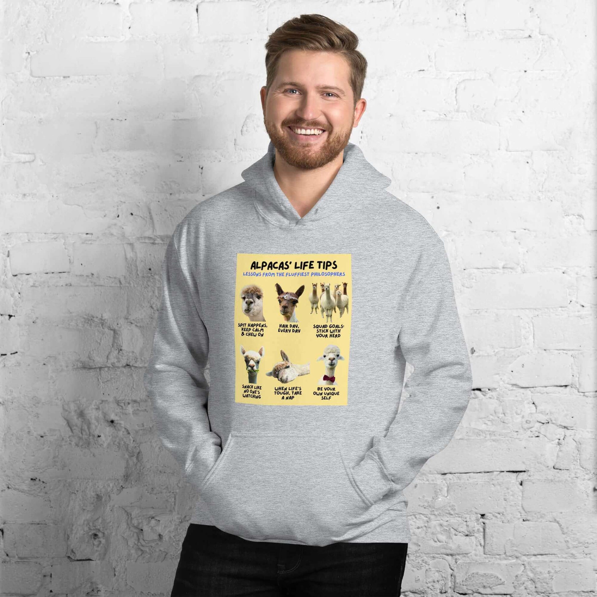 Alpaka Kapuzenpullover für Männer und Frauen, humorvolles Design mit 'Keep calm & chew on