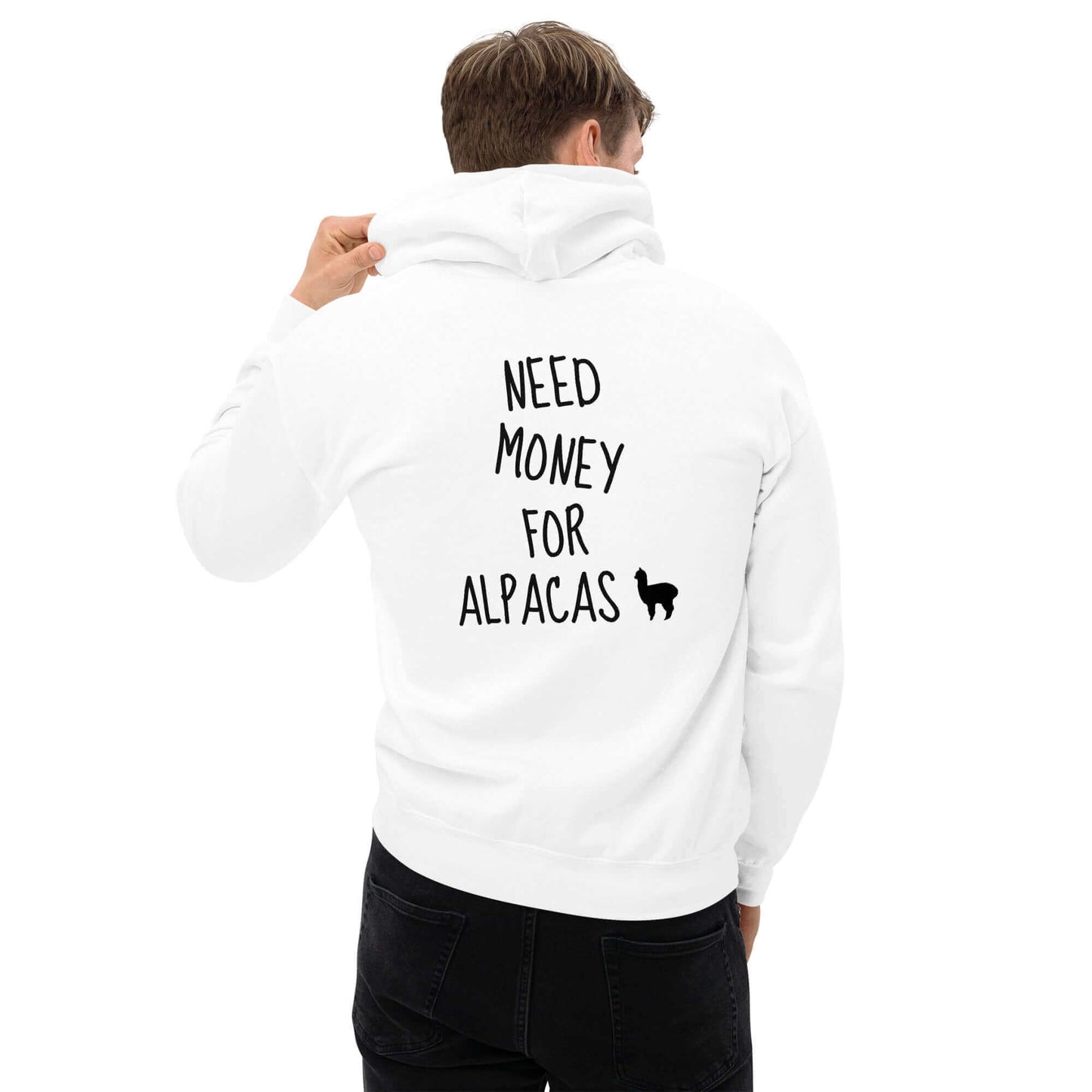 Alpaka Hoodie mit Spruch "Need money for alpacas" in Weiß, Unisex-Design für Alpaka-Liebhaber, ideal als Alpaka Geschenkideen