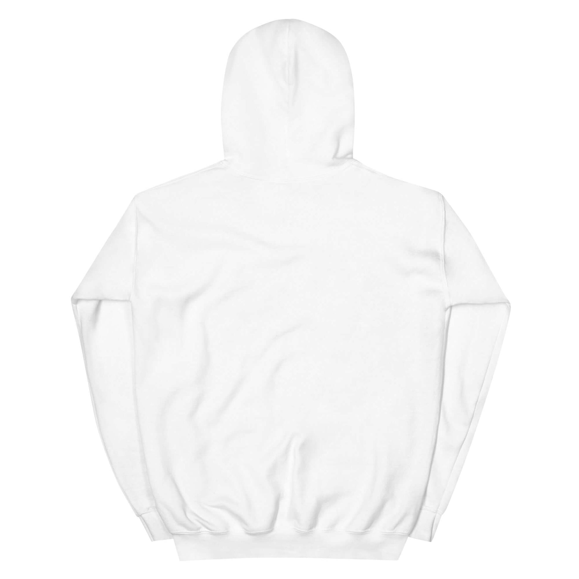 Rückansicht eines weißen Alpaka Hoodies mit Kapuze, ideal für gemütlichen Tragekomfort.