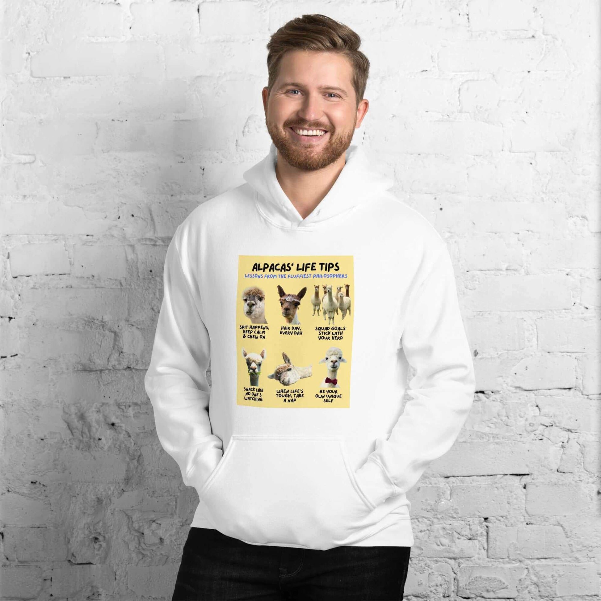 Stylischer Alpaka Hoodie mit doppelter Kapuze, Kordelzug und Beuteltasche, humorvolle Grafik