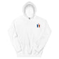 Weißer Hoodie mit Kapuze und besticktem Motiv von zwei Alpakas und einem Herz.