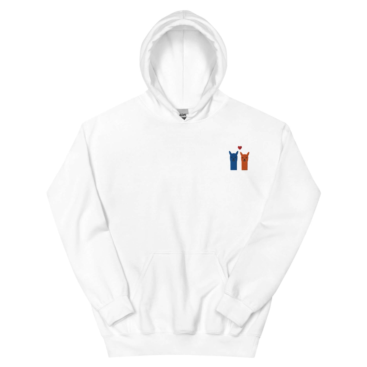 Weißer Hoodie mit Kapuze und besticktem Motiv von zwei Alpakas und einem Herz.
