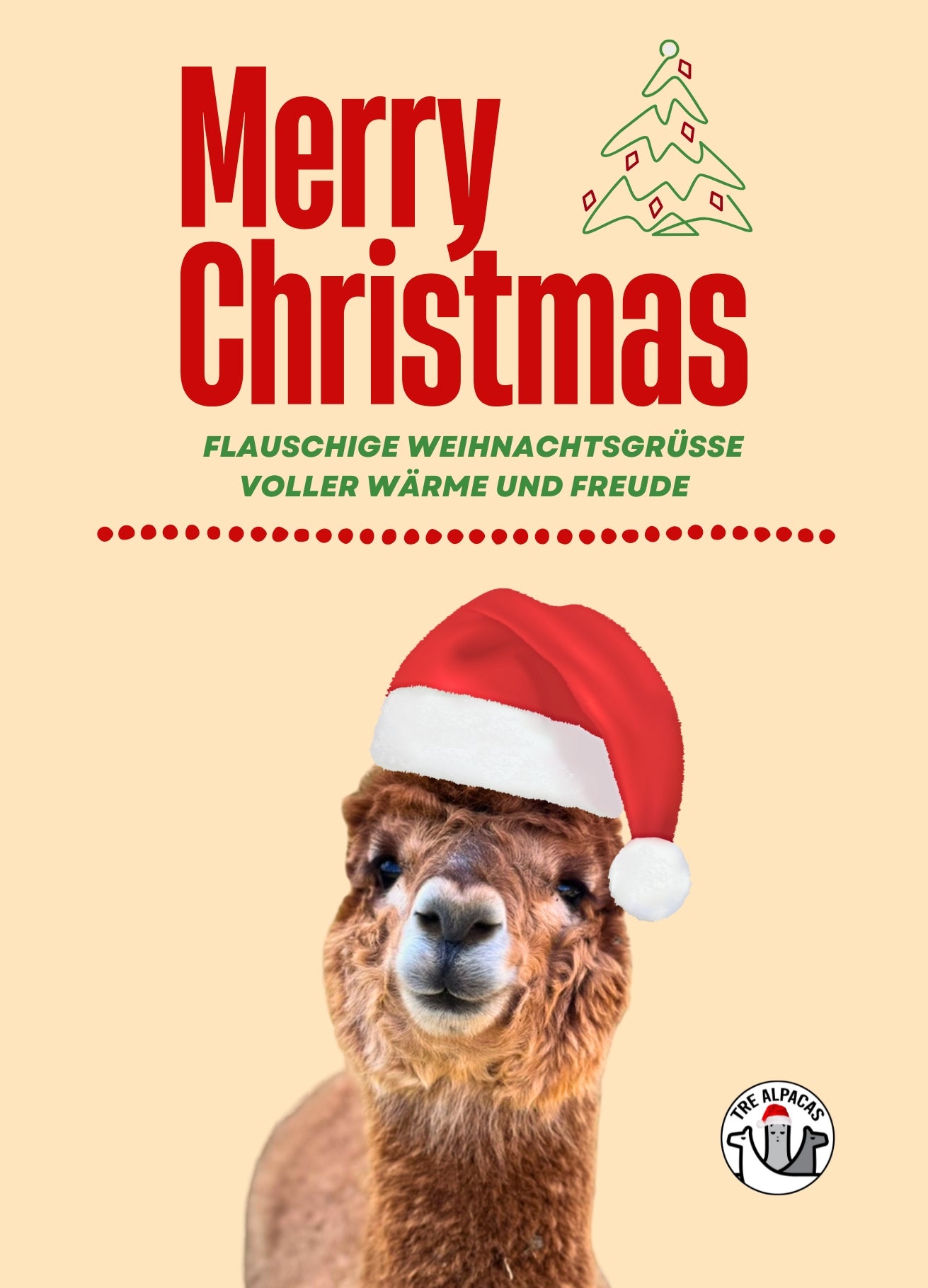 Niedliche Weihnachtskarte mit Alpaka und roter Weihnachtsmütze für frohe Weihnachten.